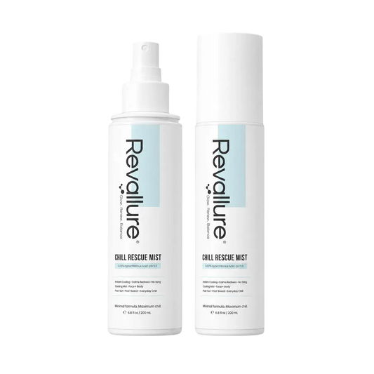 Revallure hypochlorous acid facial mist used between cleanser and moisturizer in a sensitive-skin skincare routine as a pH-balanced HOCl refresh step
200ml HOCl facial mist on a bathroom shelf beside fragrance-free, sensitive-skin skincare products, a 2-ingredient hypochlorous acid spray